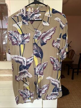 Joules Tan Short-Sleeve Botanical Print Button-Down Shirt